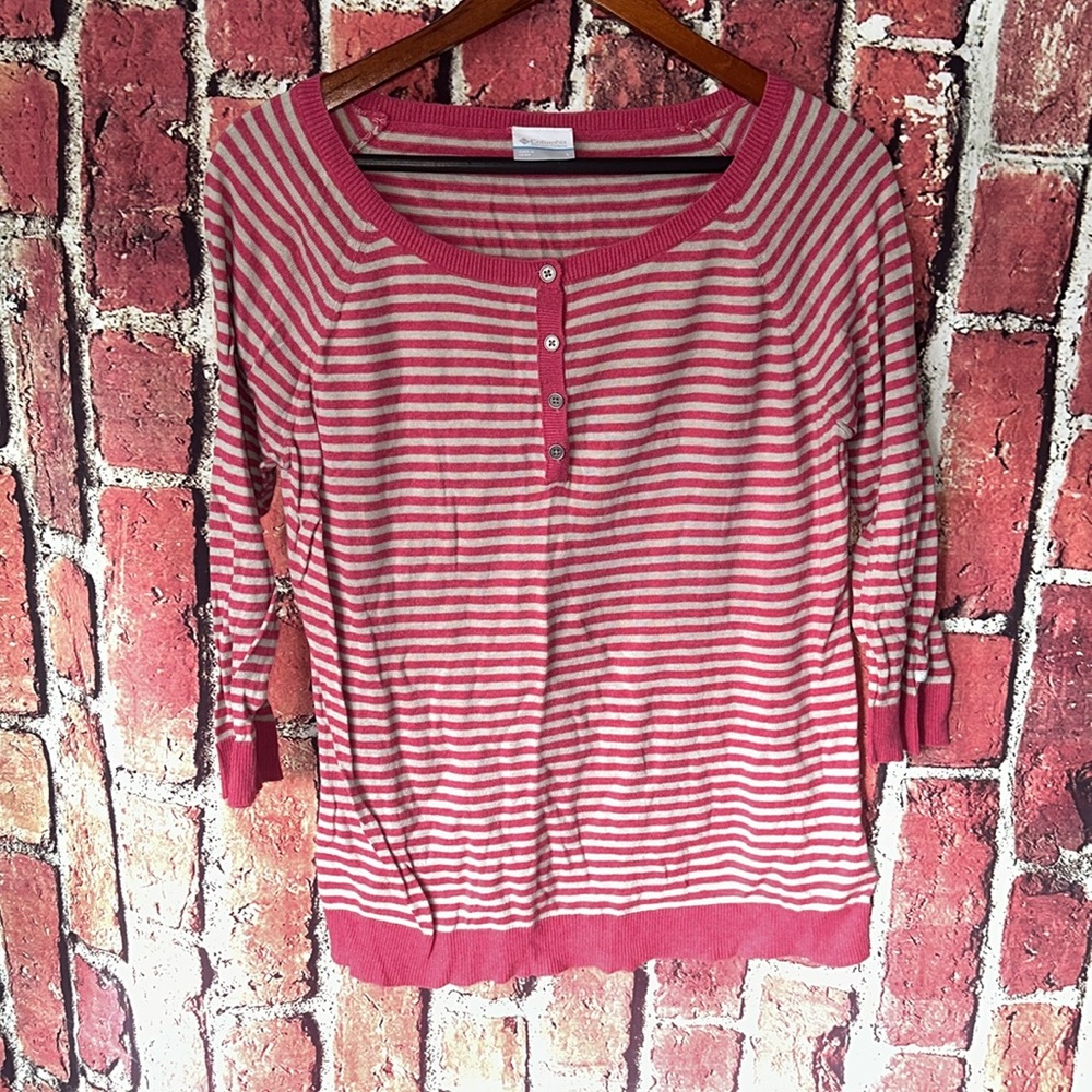 Columbia pink & tan stripes lightweight women’s sweater size large